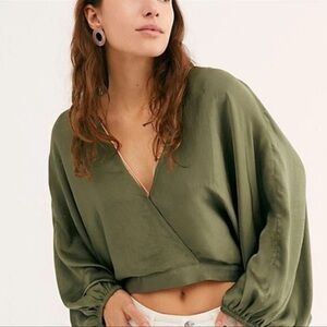 Free People Womens Olive Green Midnight Vibes Silky Dolman Long Sleeve Blouse M